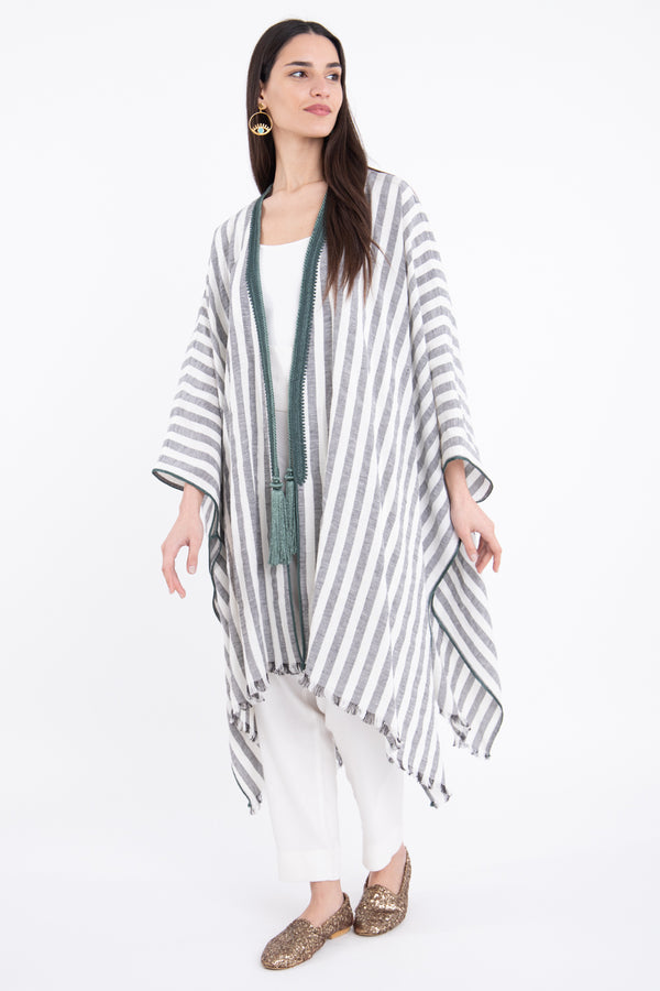 Classic Linen Striped Black With Green Poncho