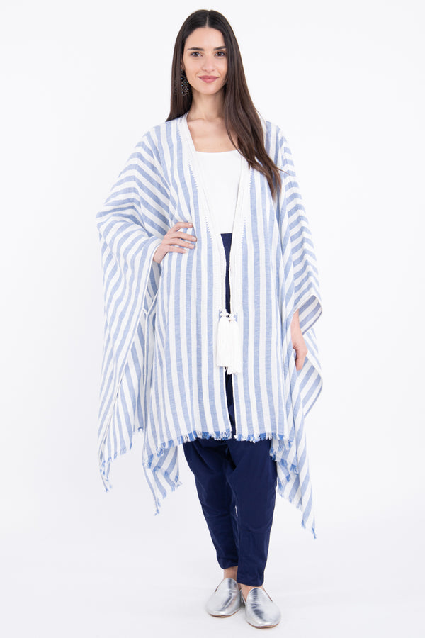 Classic Linen Striped Blue With White Poncho