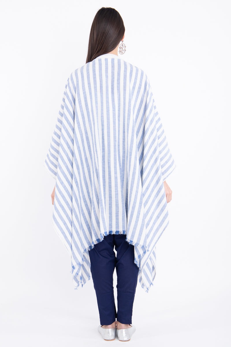 Classic Linen Striped Blue With White Poncho