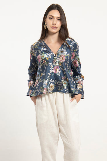 Sabah Cotton Silk Blue Blouse