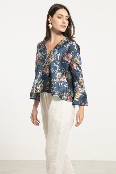 Sabah Cotton Silk Blue Blouse