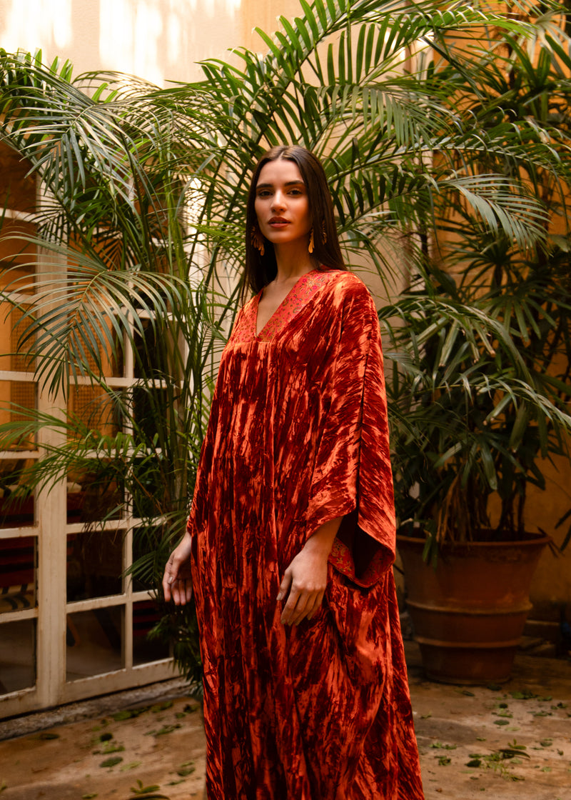 Adan Crushed Silk Velvet Vermillion Kaftan