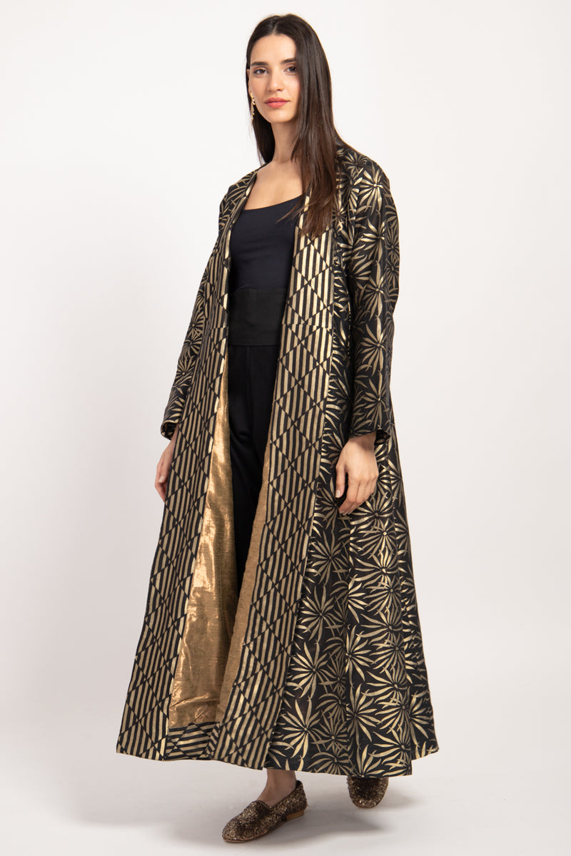 Malaki Silk Brocade Black & Gold Floral Coat