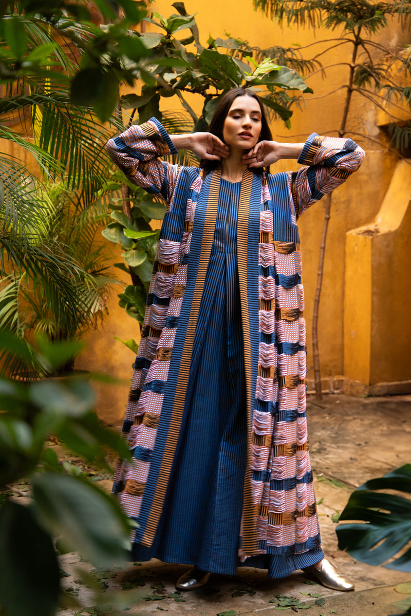 Rim Striped Mustard & Blue Abaya