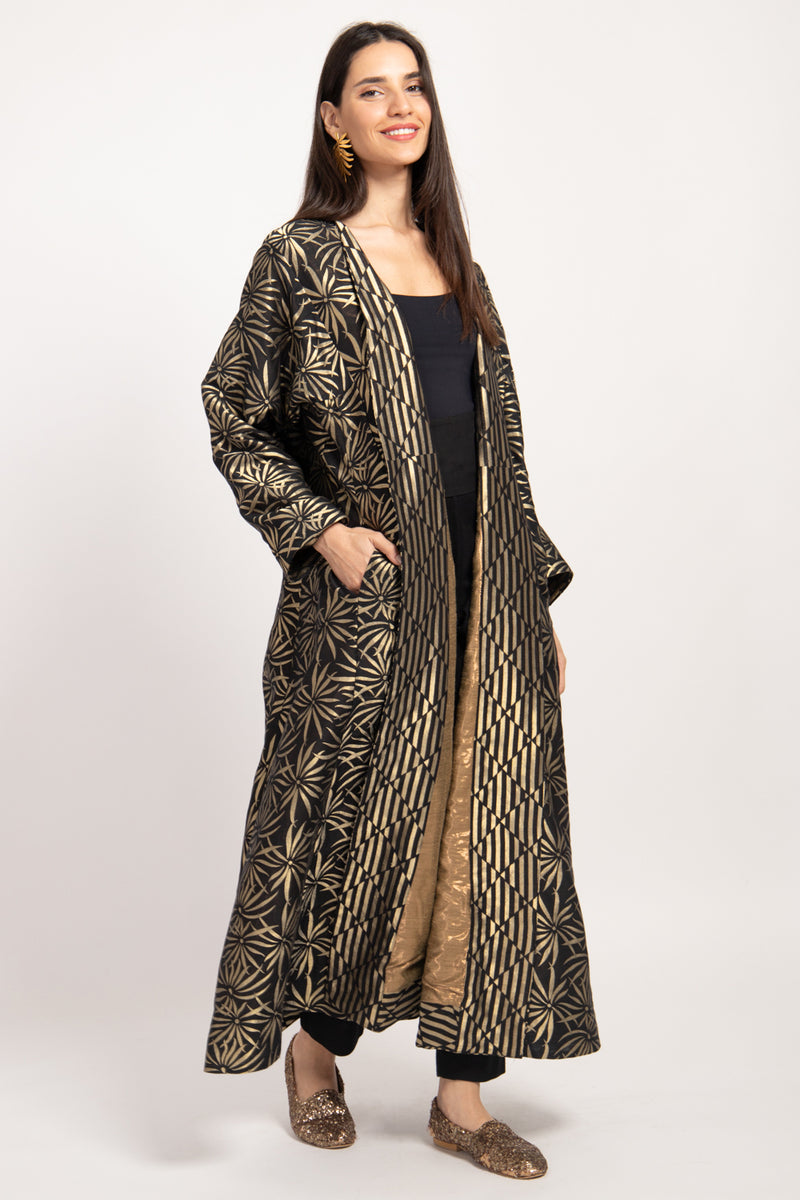 Malaki Silk Brocade Black & Gold Floral Coat