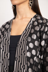 Malaki Silk Brocade Black & Silver Circles Coat