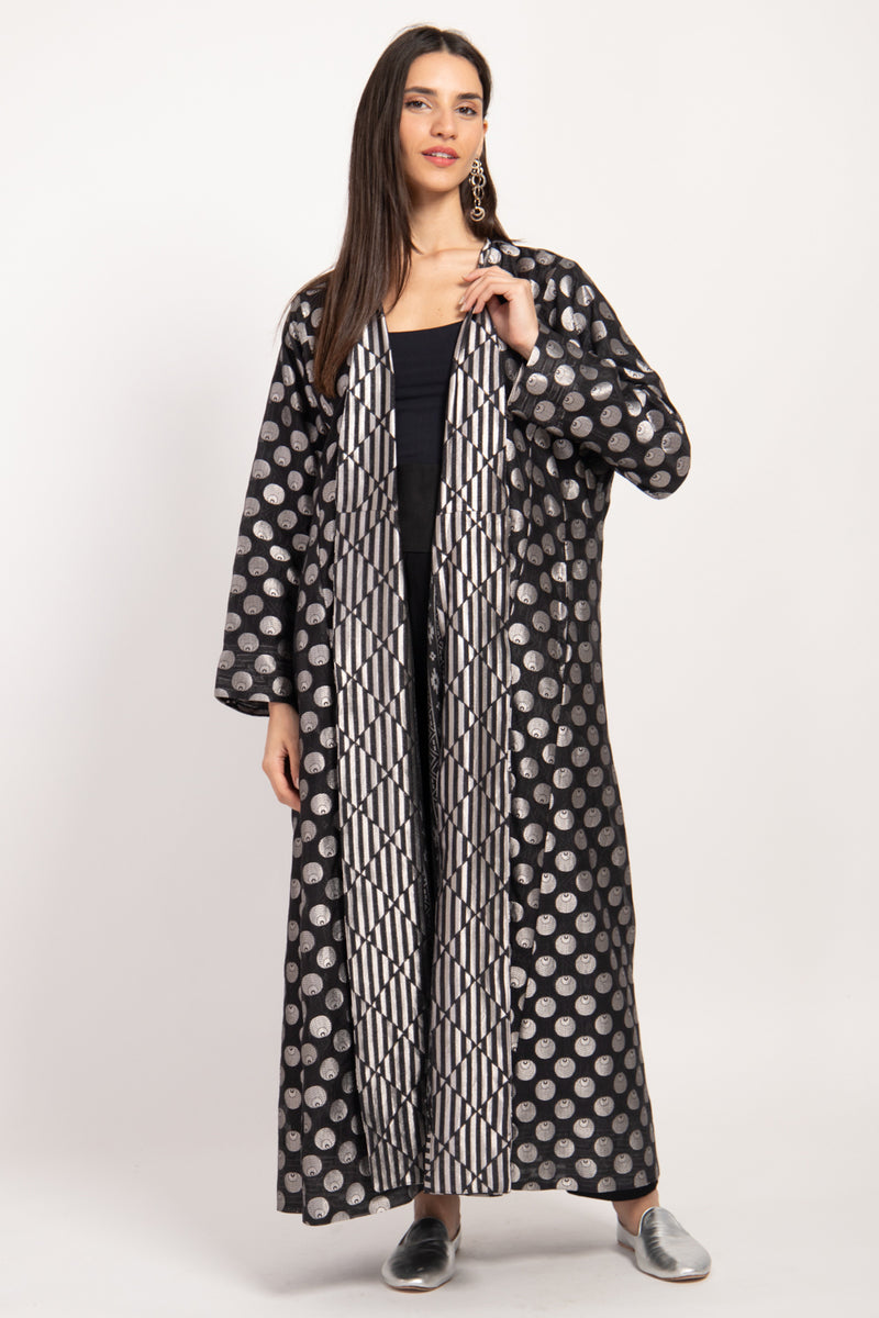 Malaki Silk Brocade Black & Silver Circles Coat