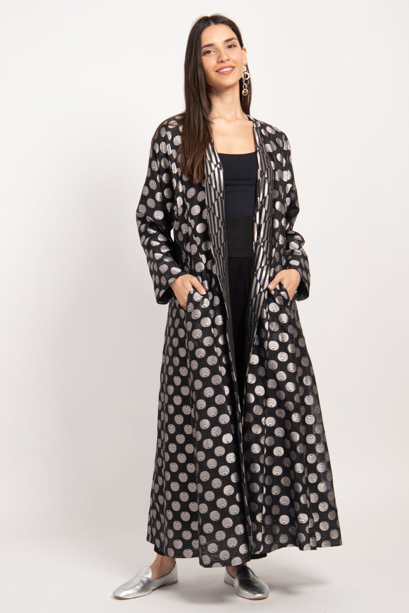 Malaki Silk Brocade Black & Silver Circles Coat