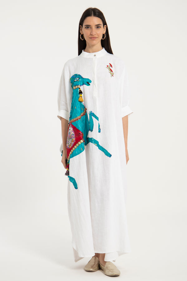 One-Of-A-Kind Helen Linen Blue Horse Dress