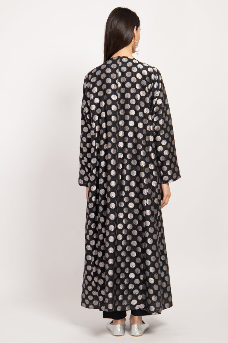 Malaki Silk Brocade Black & Silver Circles Coat