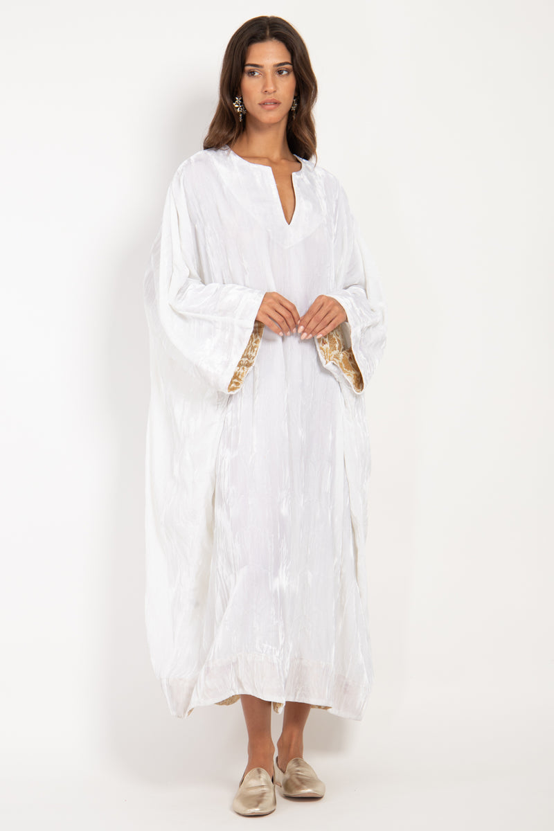 Asmahan Crushed Velvet White Kaftan