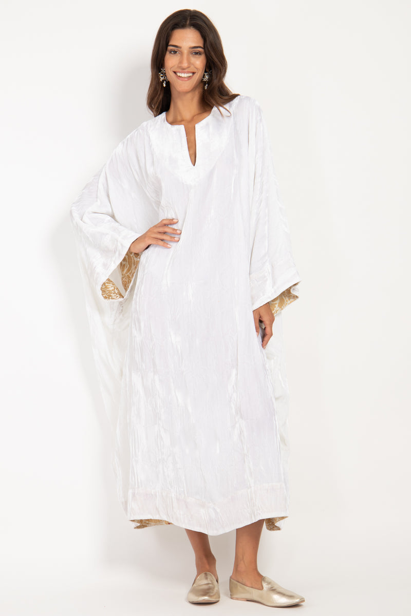 Asmahan Crushed Velvet White Kaftan