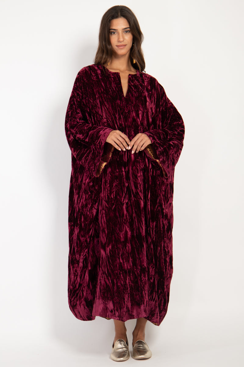 Asmahan Crushed Velvet Burgundy Kaftan