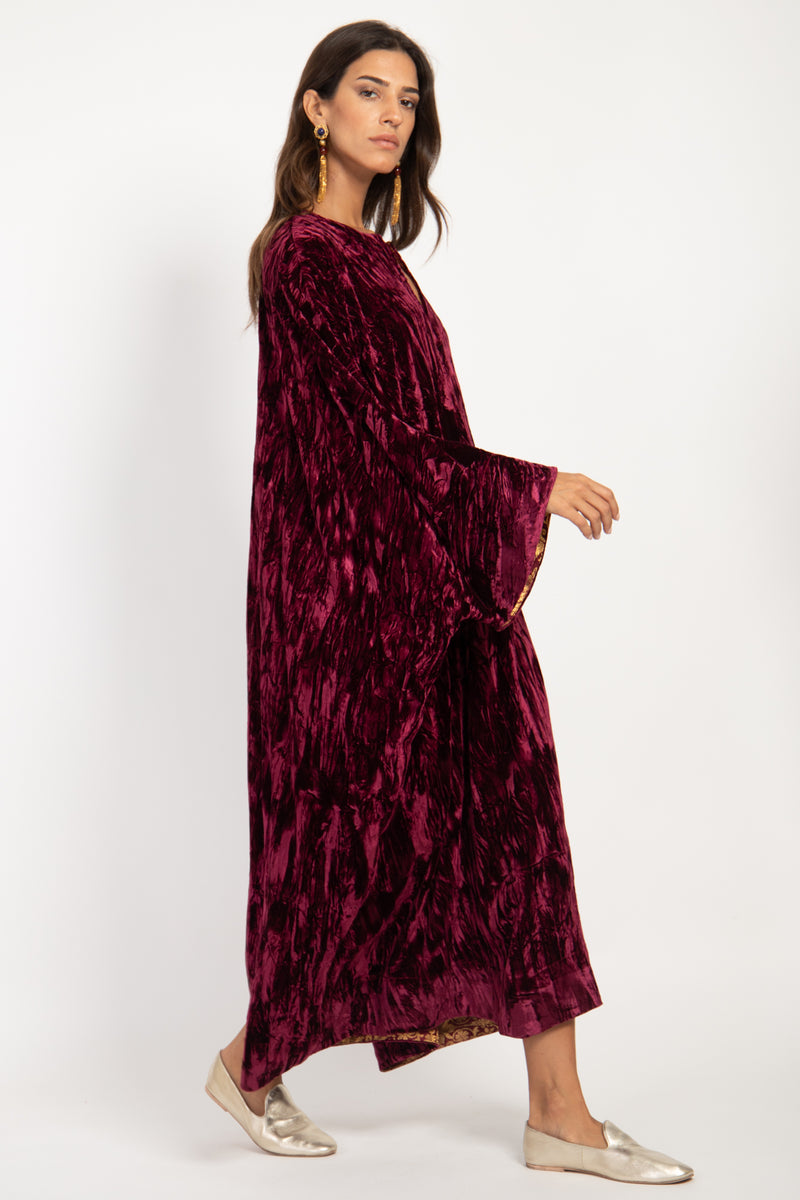 Asmahan Crushed Velvet Burgundy Kaftan