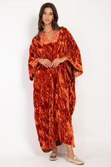 Adan Crushed Silk Velvet Vermillion Kaftan