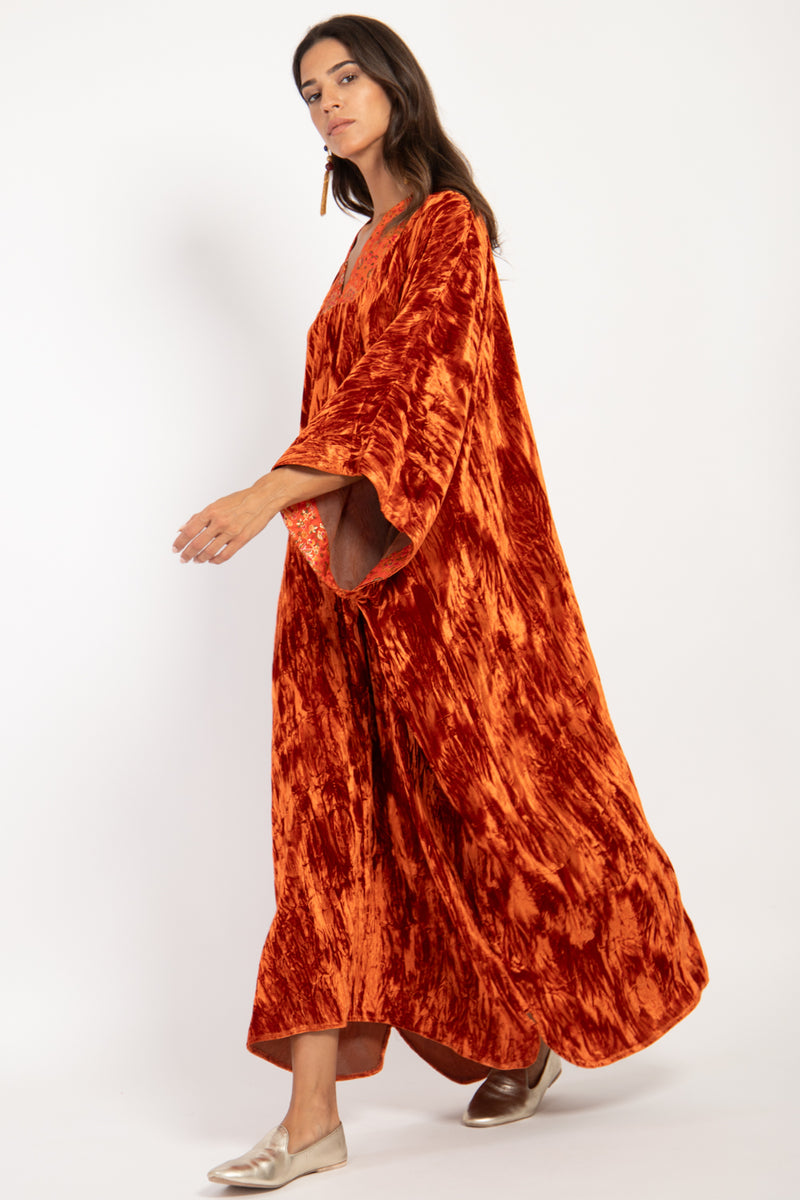 Adan Crushed Silk Velvet Vermillion Kaftan