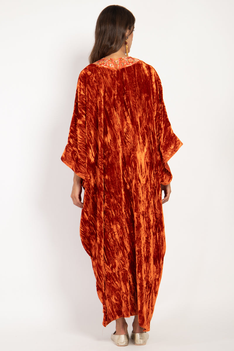 Adan Crushed Silk Velvet Vermillion Kaftan