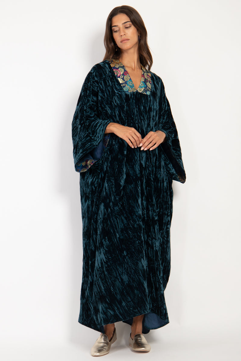 Adan Crushed Silk Velvet Teal Kaftan