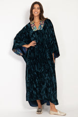 Adan Crushed Silk Velvet Teal Kaftan