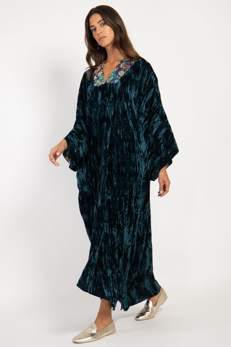 Adan Crushed Silk Velvet Teal Kaftan