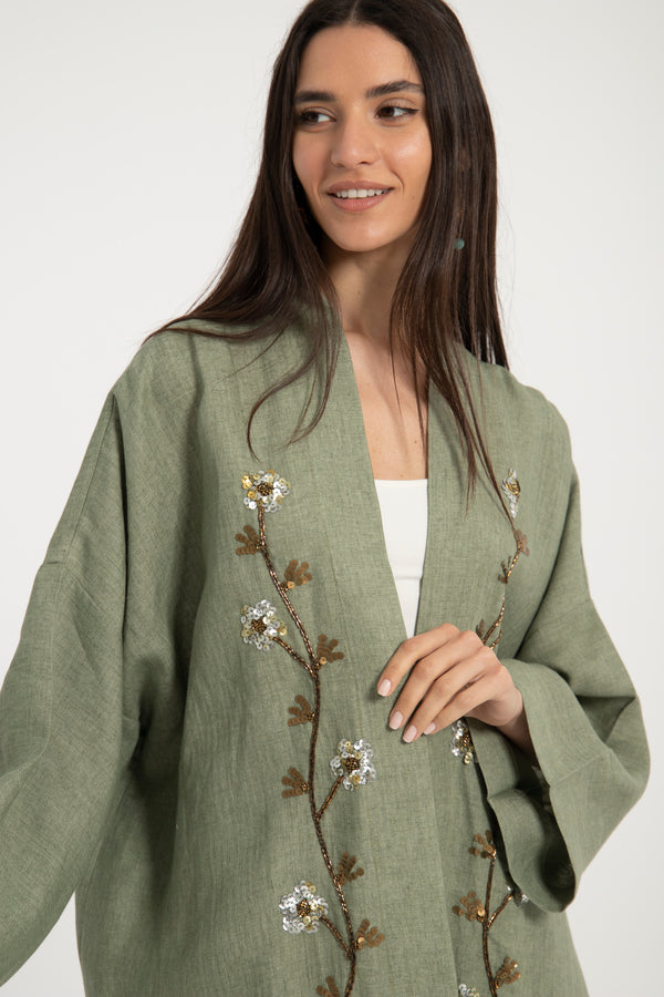 Nour Linen Hand Embroidered Green Abaya