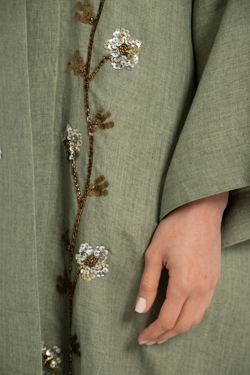 Nour Linen Hand Embroidered Green Abaya