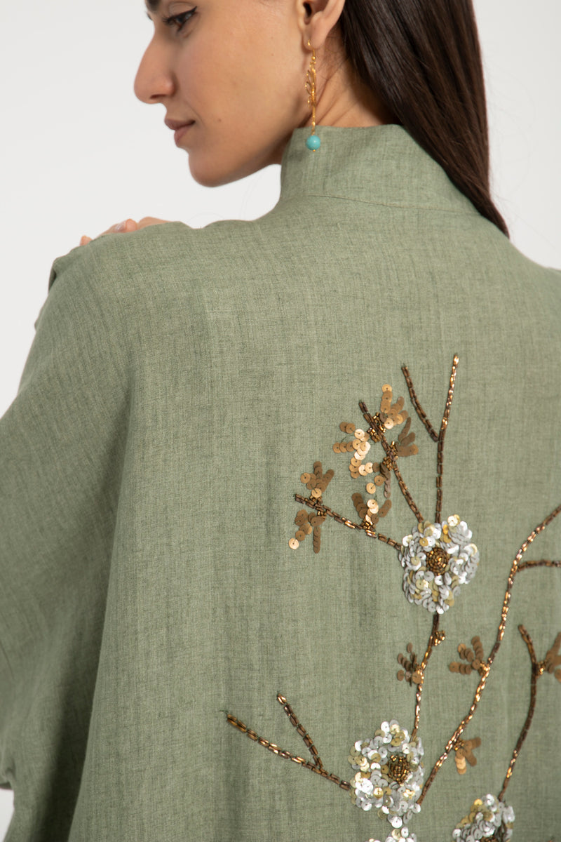 Nour Linen Hand Embroidered Green Abaya