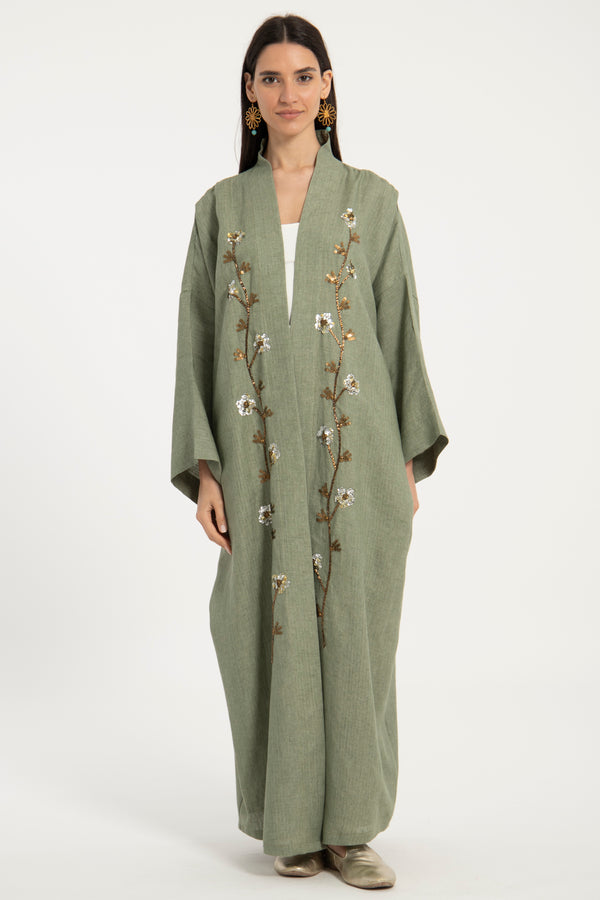 Nour Linen Hand Embroidered Green Abaya