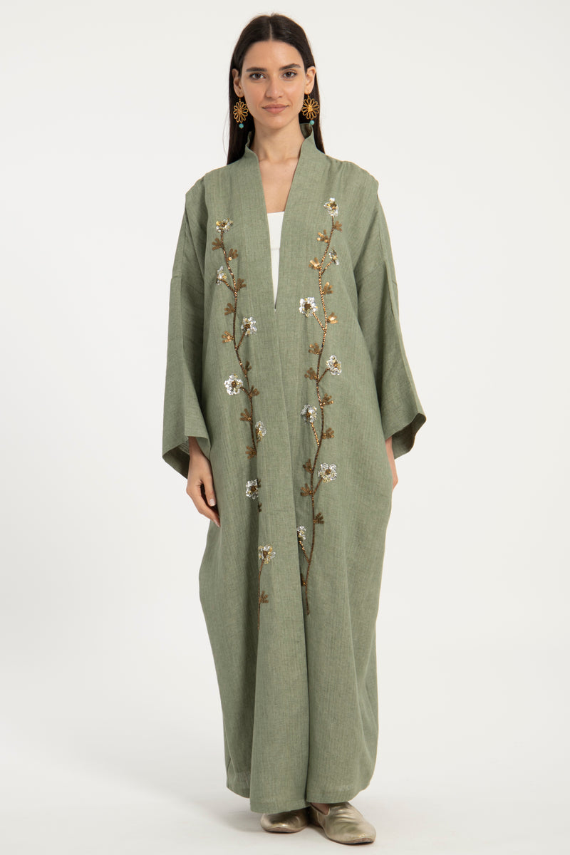 Nour Linen Hand Embroidered Green Abaya