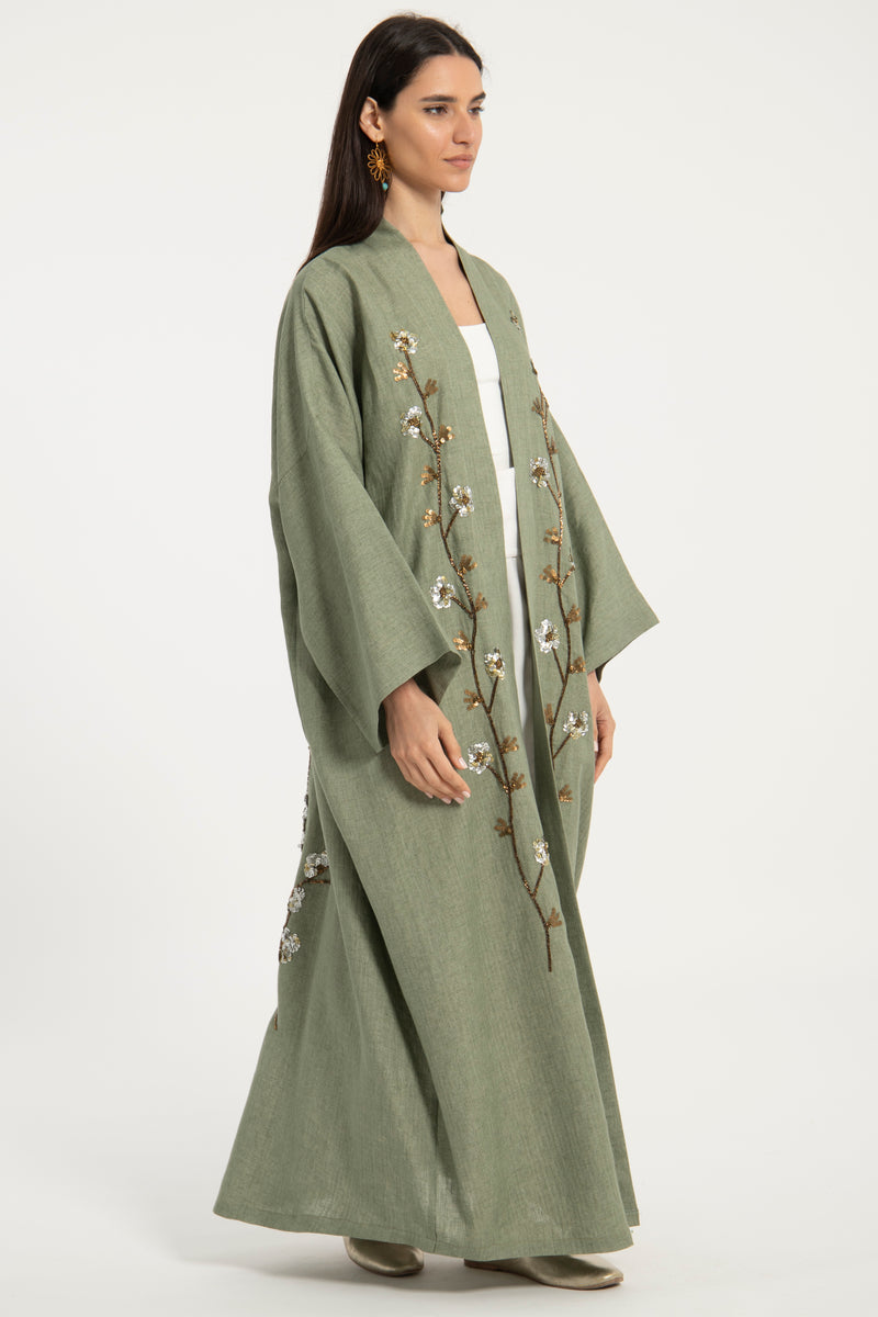 Nour Linen Hand Embroidered Green Abaya