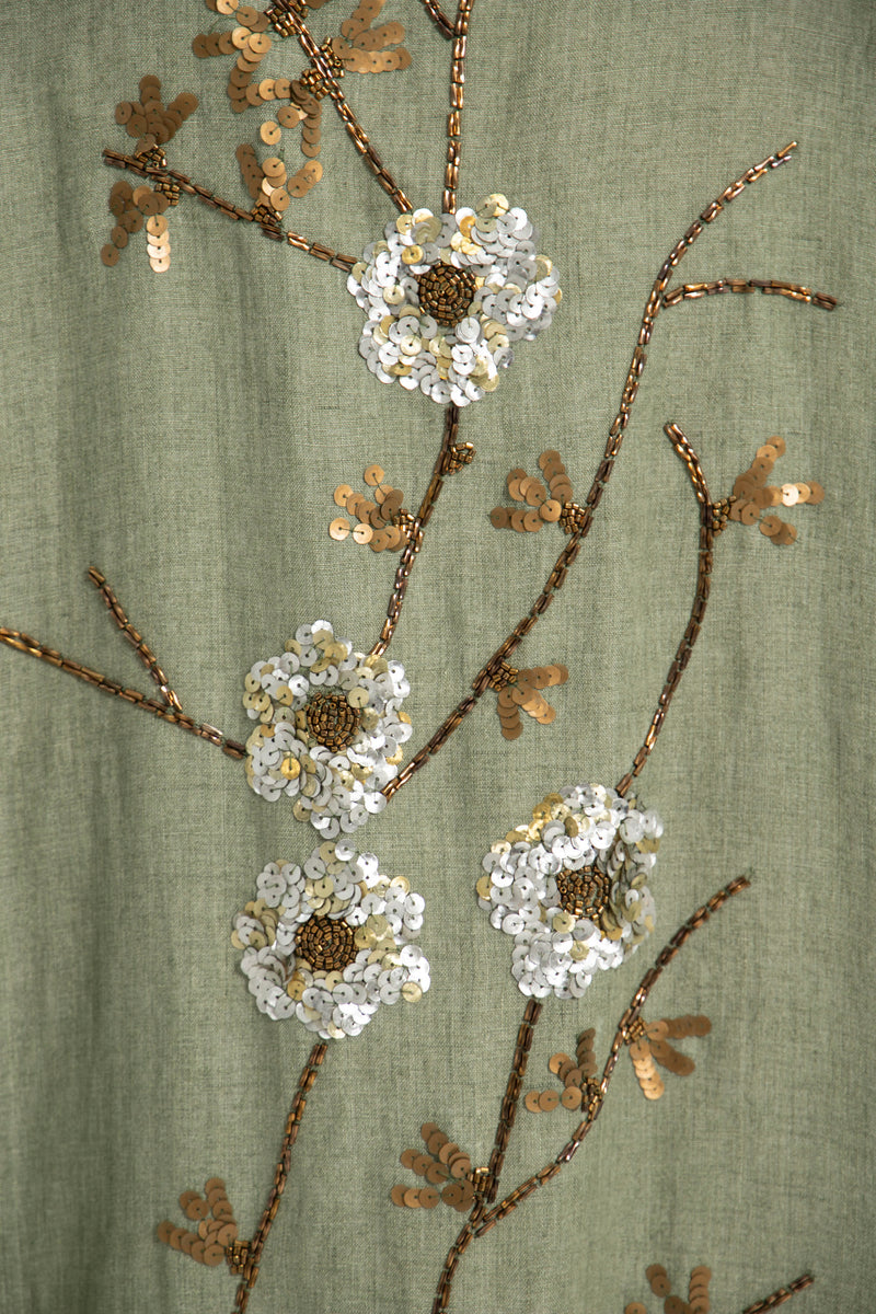 Nour Linen Hand Embroidered Green Abaya