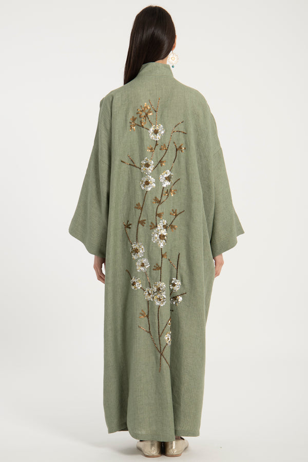 Nour Linen Hand Embroidered Green Abaya