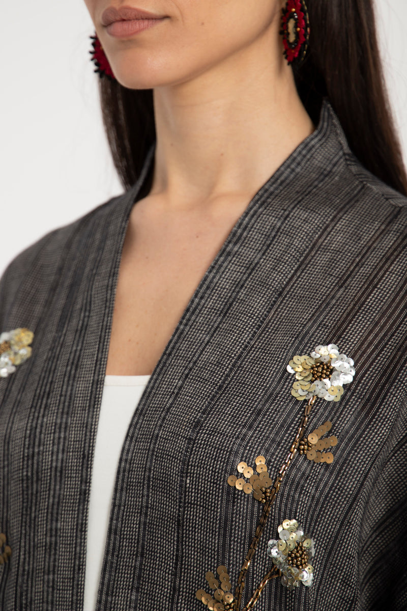 Nour Linen Hand Embroidered Anthracite Abaya