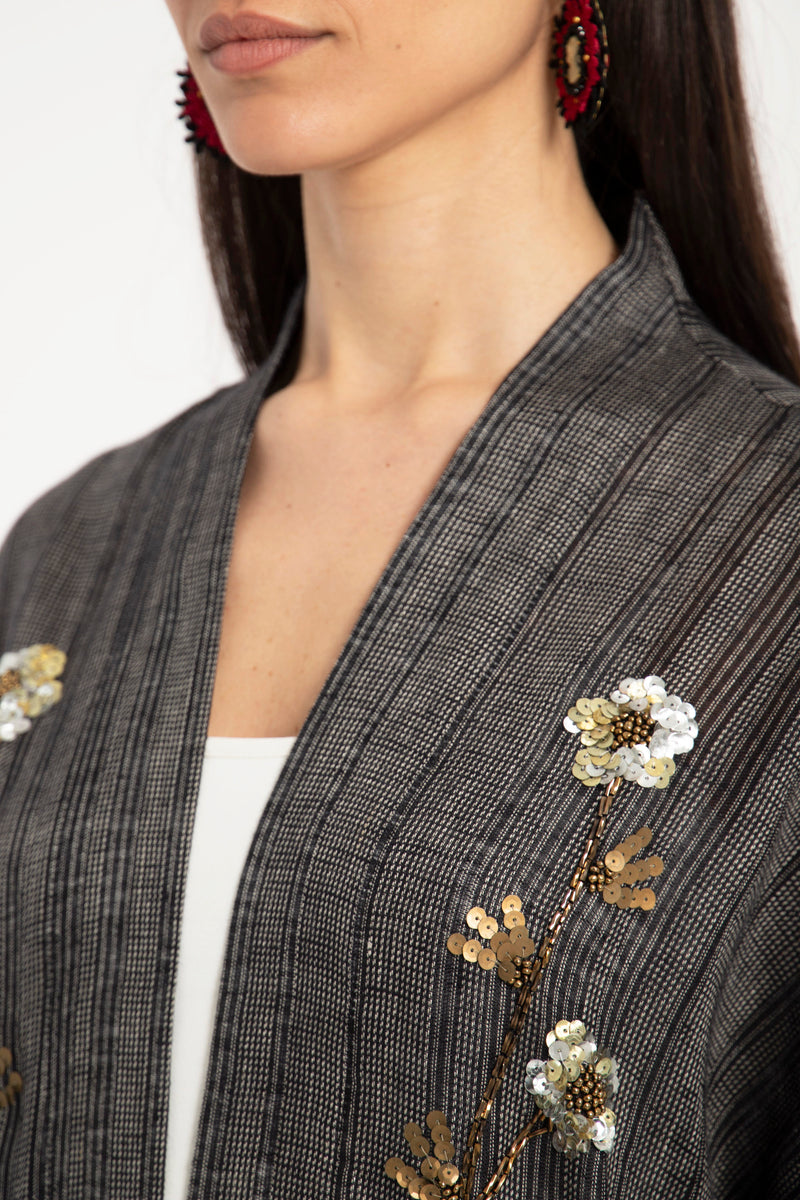 Nour Linen Hand Embroidered Anthracite Abaya