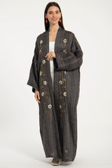 Nour Linen Hand Embroidered Anthracite Abaya