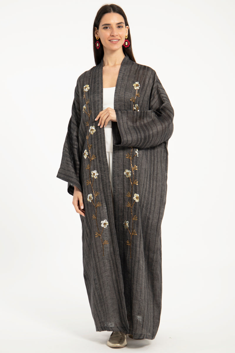 Nour Linen Hand Embroidered Anthracite Abaya