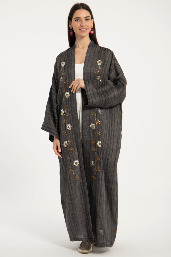 Nour Linen Hand Embroidered Anthracite Abaya