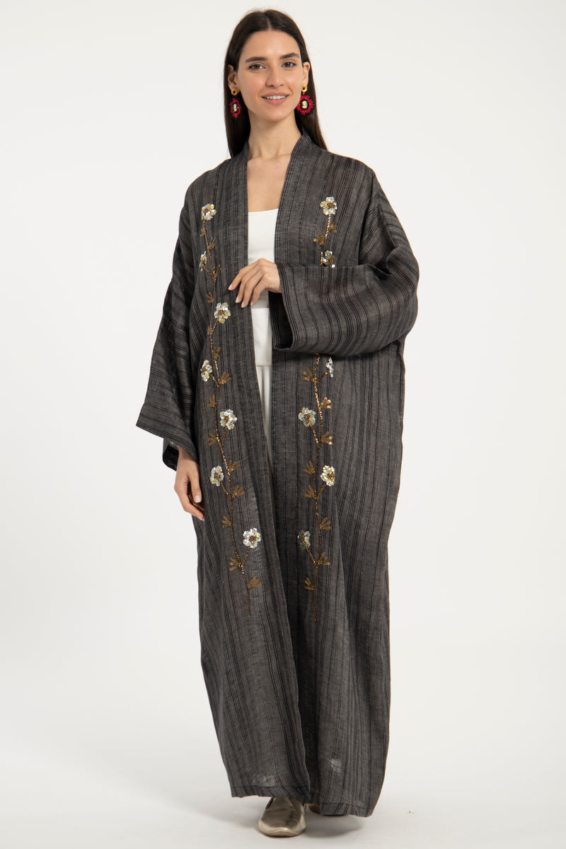 Nour Linen Hand Embroidered Anthracite Abaya