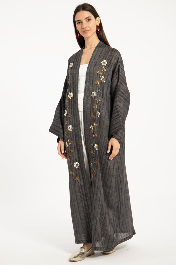 Nour Linen Hand Embroidered Anthracite Abaya