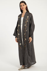 Nour Linen Hand Embroidered Anthracite Abaya
