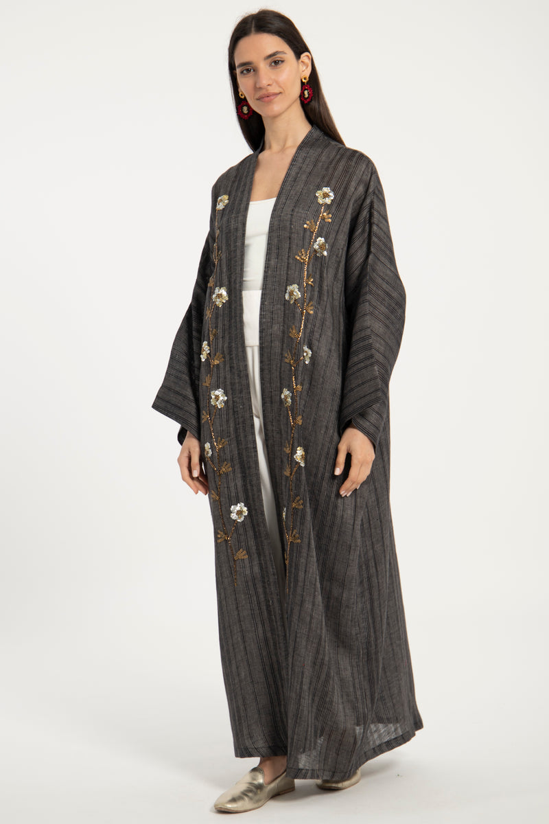 Nour Linen Hand Embroidered Anthracite Abaya