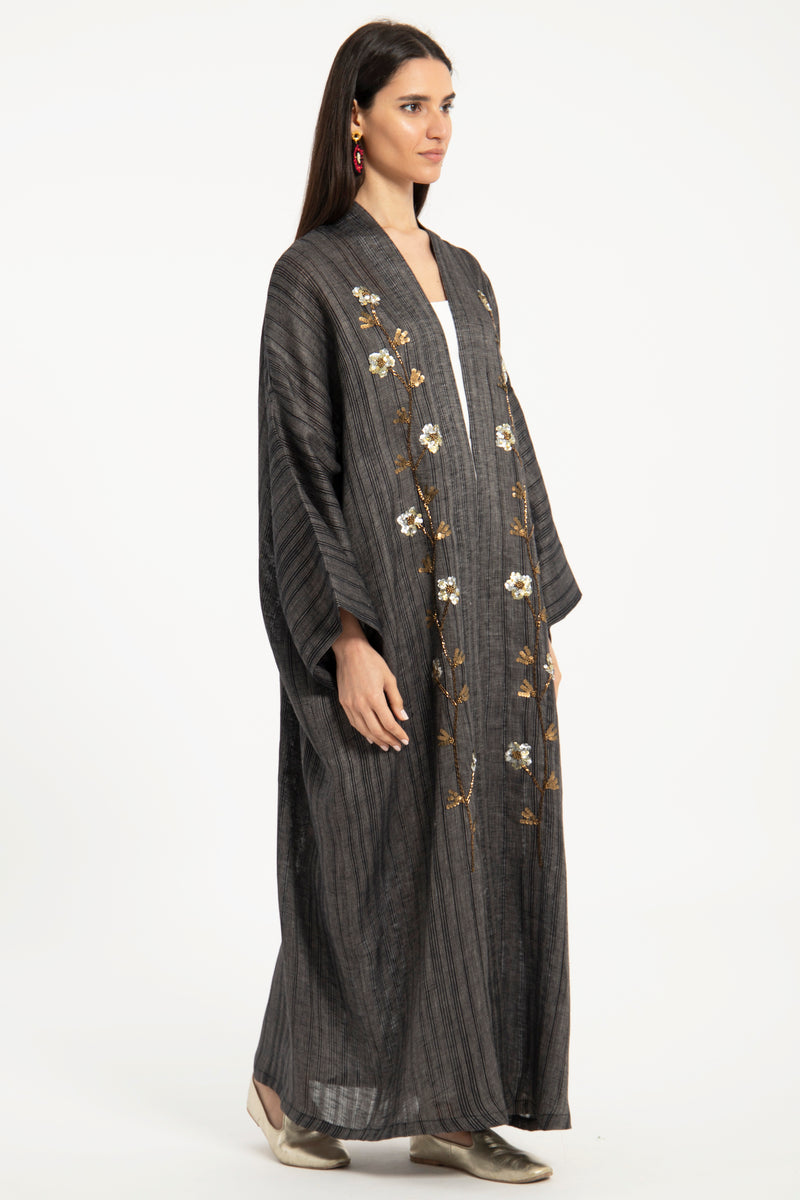 Nour Linen Hand Embroidered Anthracite Abaya