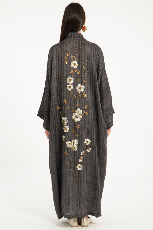 Nour Linen Hand Embroidered Anthracite Abaya