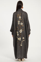 Nour Linen Hand Embroidered Anthracite Abaya