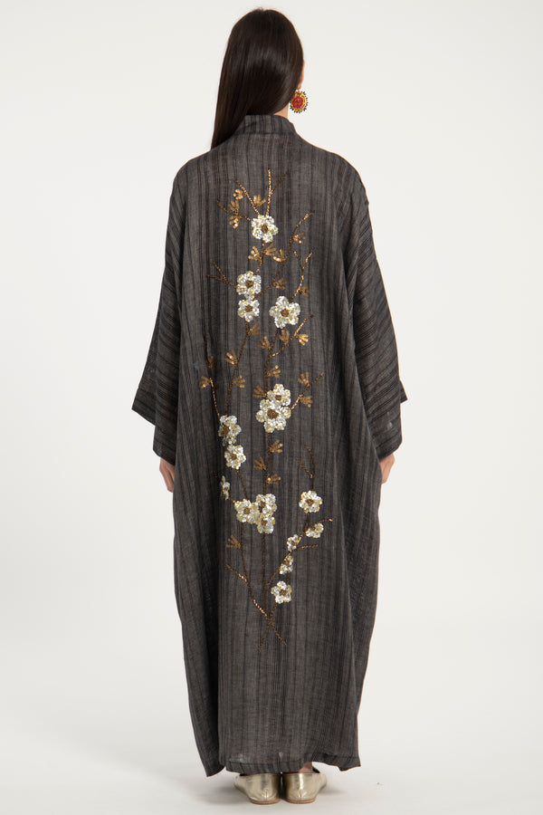 Nour Linen Hand Embroidered Anthracite Abaya