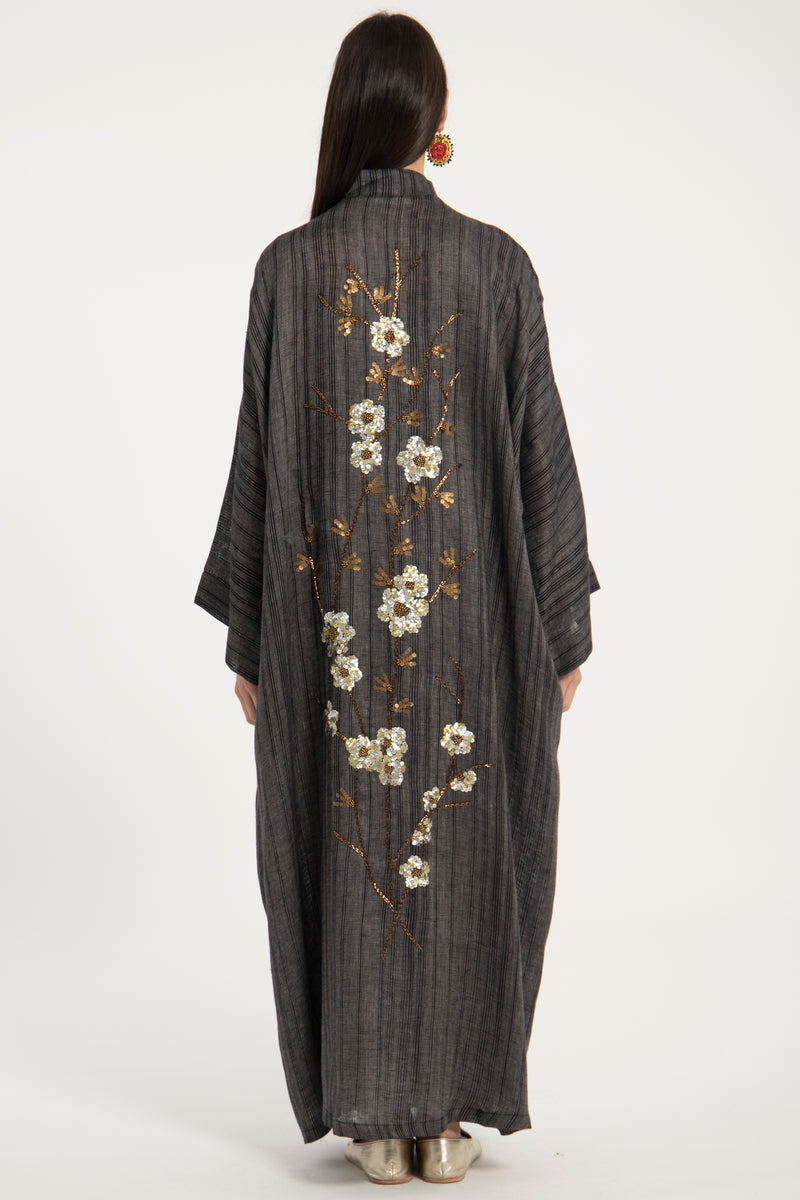 Nour Linen Hand Embroidered Anthracite Abaya