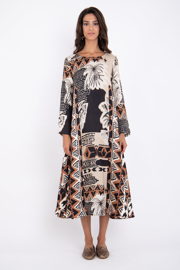Khayal Linen Black And Beige Printed Dress