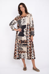 Khayal Linen Black And Beige Printed Dress