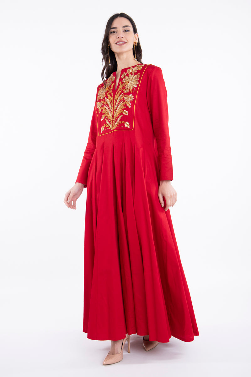 Zeina Cotton Embroidered Red & Gold Dress