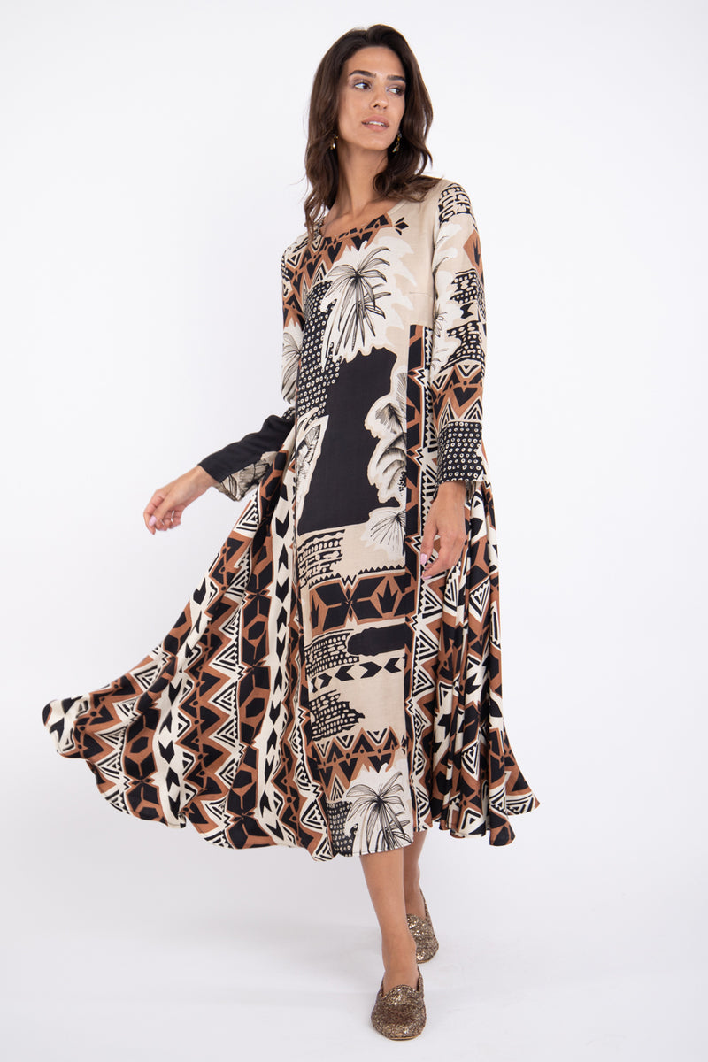 Khayal Linen Black And Beige Printed Dress